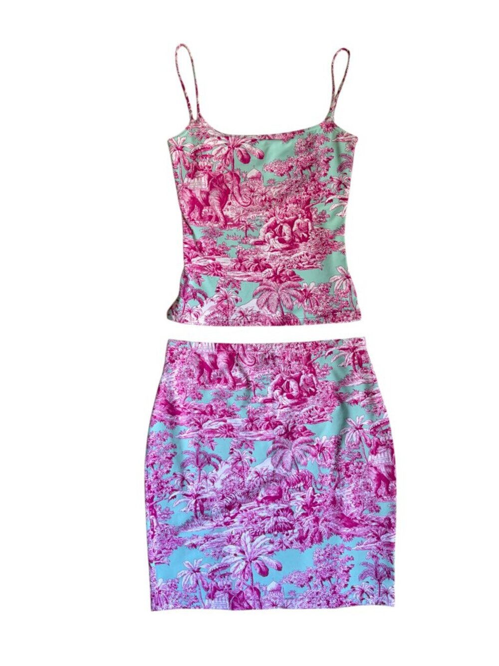Manuel Canovas Two Piece Skirt Set (Pink & Aqua Tropical Print)